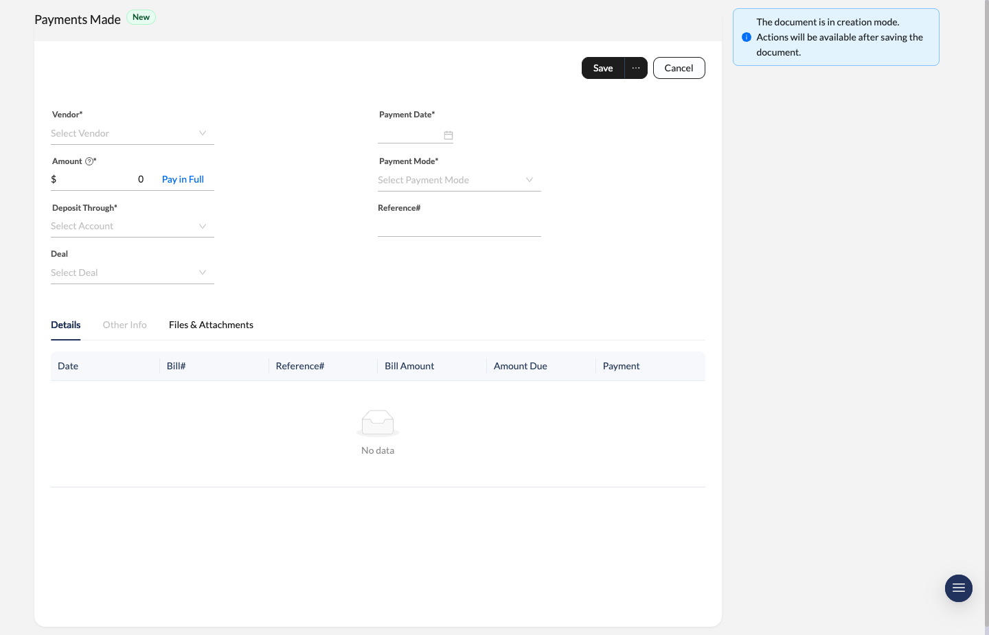 Payment Made create form