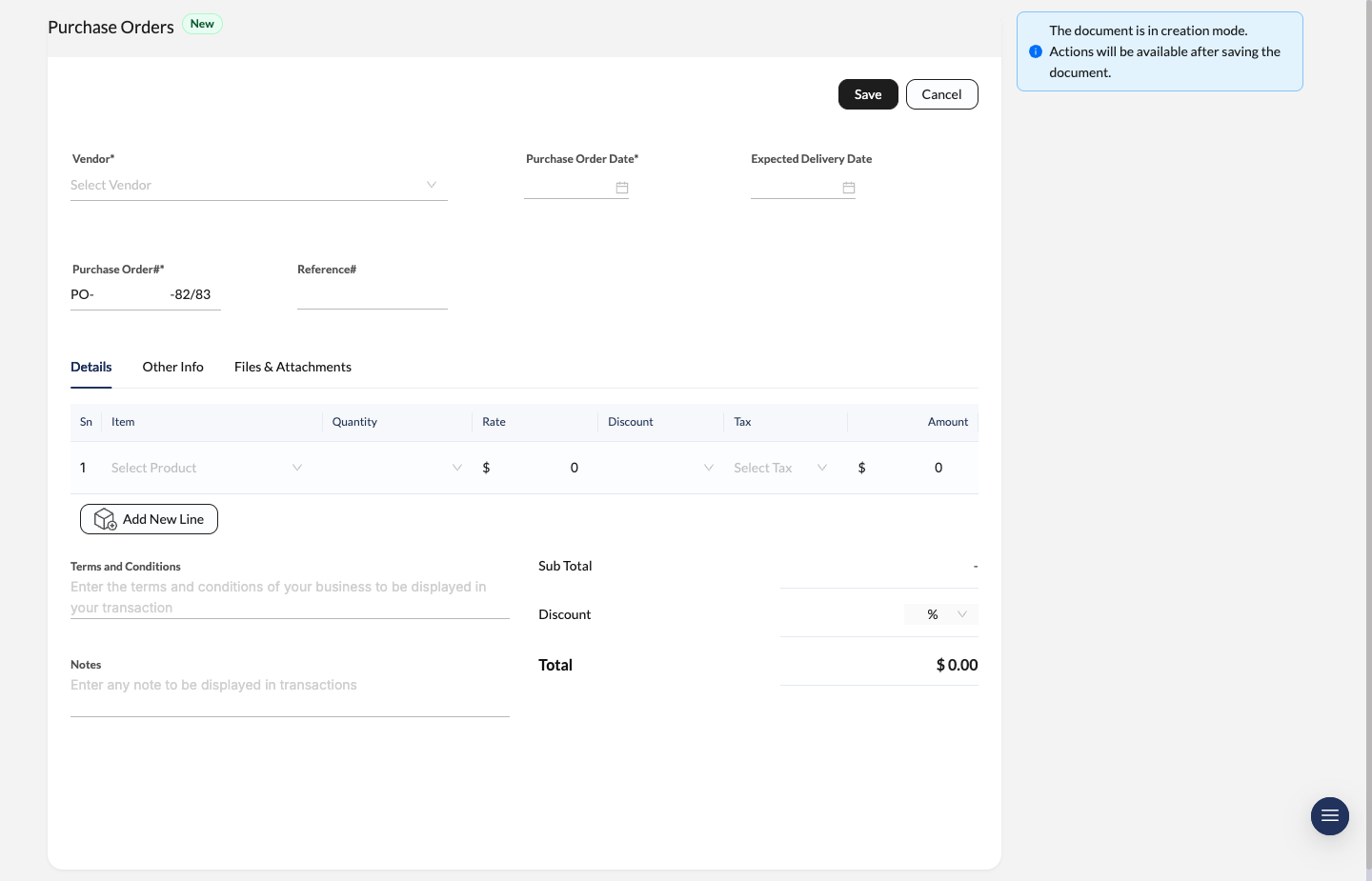 Purchase Order create form